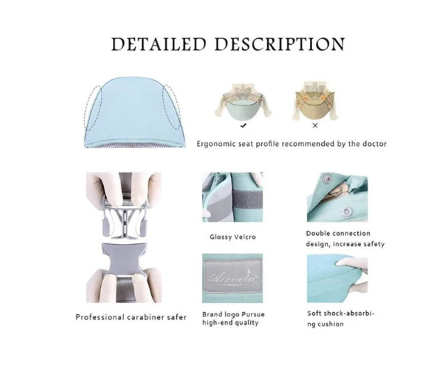 Marsupiu bebe, Ergonomic, AT PERFORMANCE®, Multifunctional, Purtare copil in fata sau in spate, Cu sezut, purtare pe sold sau pe umeri, 0-36 luni, Bumbac, 12 Pozitii, albastru deschis