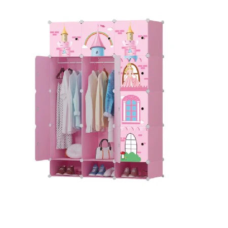 Dulap Modular pentru Copii, Roz, 15 Rafturi, Design Castel Prințese, 110x47x163 cm – Durabil și Spațios