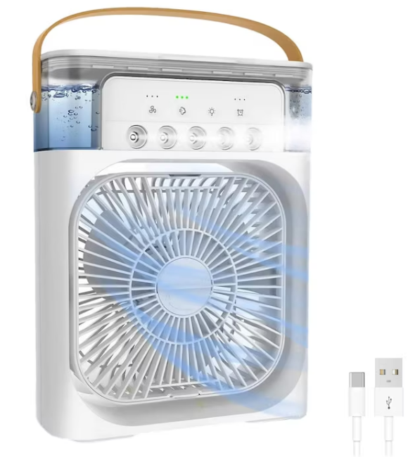 Mini Răcitor de Aer Portabil AT PERFORMANCE® – Ventilator Personal 4 în 1 cu Umidificator, LED 7 Culori, Timer și 3 Viteze, Alimentare USB
