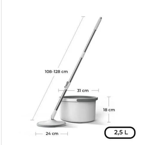 Set Mop Rotativ AT PERFORMANCE® – Cu Auto-Spălare, 2 Rezerve, Compartimente Apă Curată/Murdară, Robinet Scurgere, Alb, Compact și Eficient
