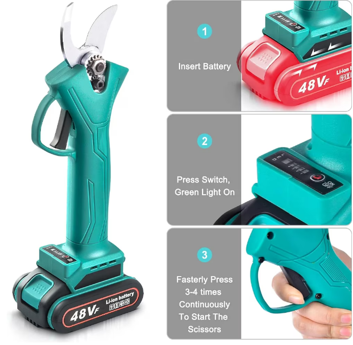 Foarfeca Electrica Pomi pentru Gradinarit 48V, 2 Baterii, 2 Lame din Otel Carbon, ideala pentru Vita de Vie si Crengi, Albastru