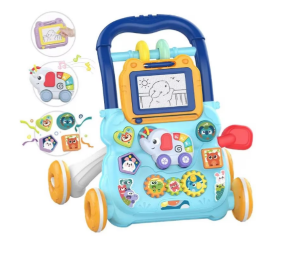 Antemergator Multifunctional 2 in 1, cu Activitati Interactive, Tabla Detasabila de Desenat, Sortator cu Forme, Panou Interactiv, Roti Antiderapante, Blue Breeze