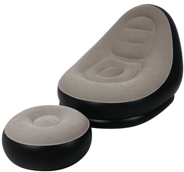 Fotoliu gonflabil cu taburet, pentru exterior si interior, Sarcina maxima 120 kg, 125 x 100 cm, Negru/Gri