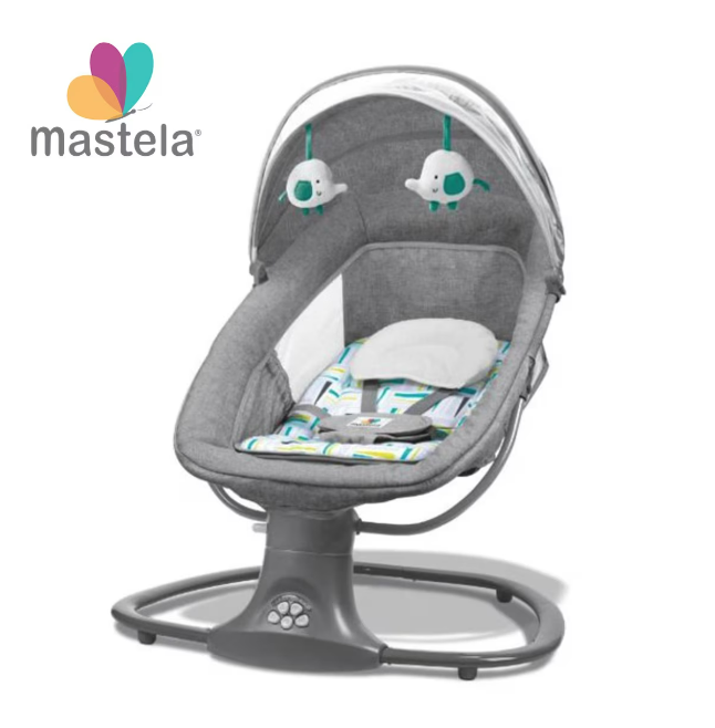 Balansoar copii AT PERFORMANCE 3 in 1, Electric, cu Plasa Tantari, Perna Detasabila, Jucarii, USB, Bluetooth, Telecomanda, 0-3 ani, Gri