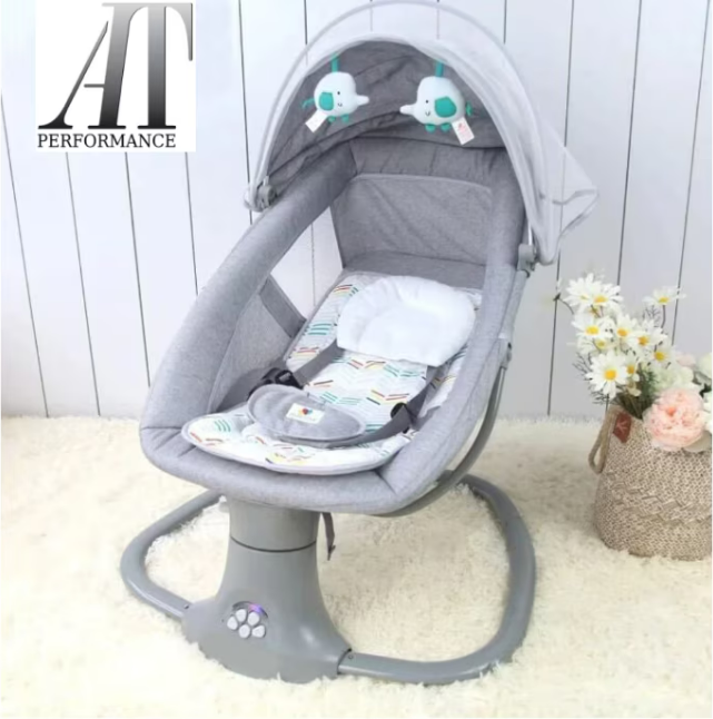 Balansoar copii AT PERFORMANCE 3 in 1, Electric, cu Plasa Tantari, Perna Detasabila, Jucarii, USB, Bluetooth, Telecomanda, 0-3 ani, Gri