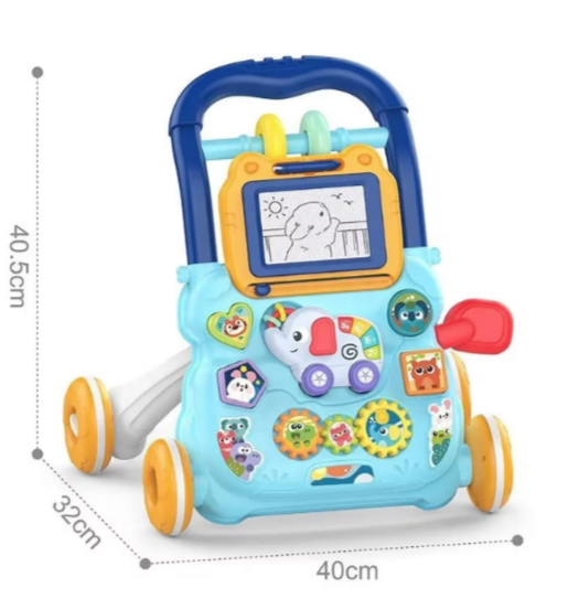 Antemergator Multifunctional 2 in 1, cu Activitati Interactive, Tabla Detasabila de Desenat, Sortator cu Forme, Panou Interactiv, Roti Antiderapante, Blue Breeze