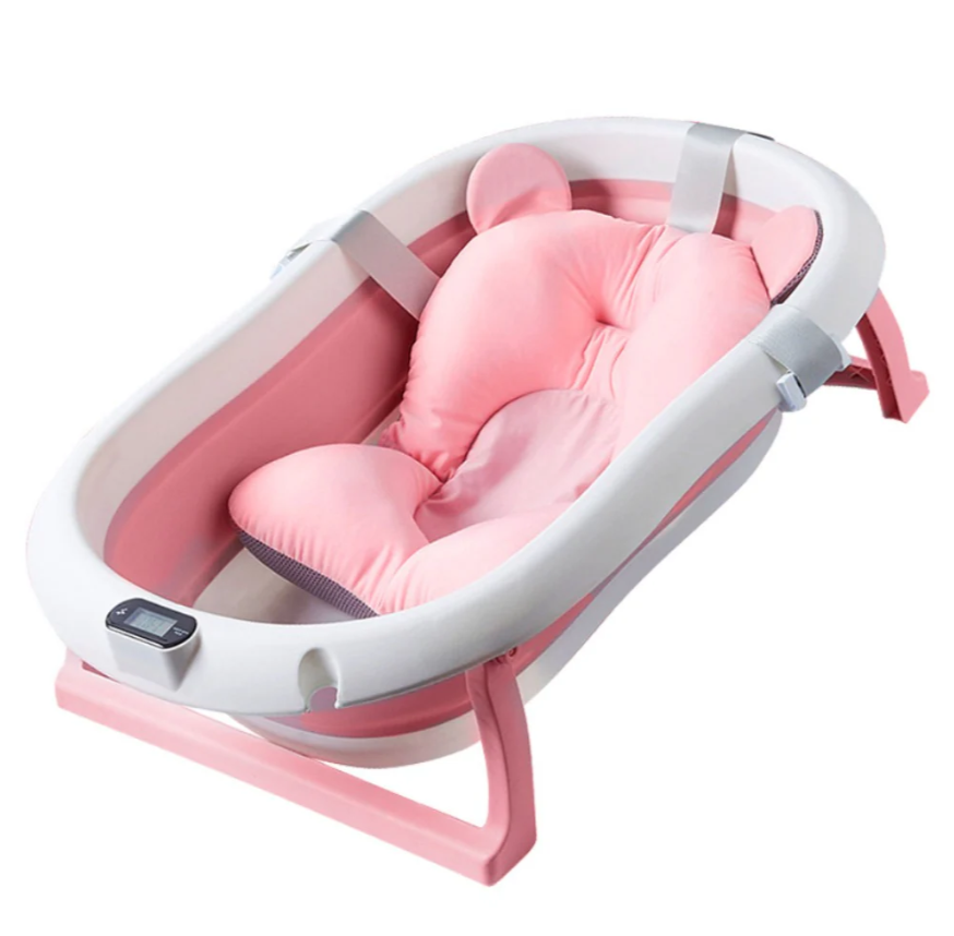 Cadita pliabila cu termometru incorporat si PERNA INCLUSA, Dimensiuni 83 x 50 x 20 cm, Material PP/TPE, Pliere rapida, Usor de utilizat, Picioare antiderapante, Varsta 0-3 ani, Structura Solida, Culoare Roz