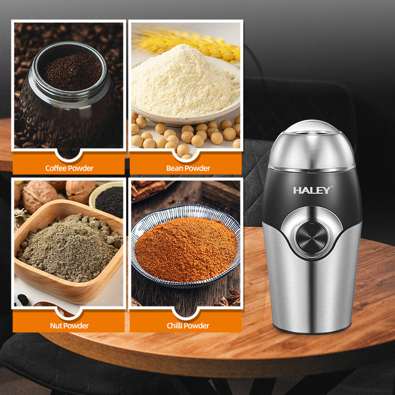 Râșniță Electrică Haley 300W din Inox, 500g, Măcinare Rapidă, Lame din Oțel, Siguranță Avansată