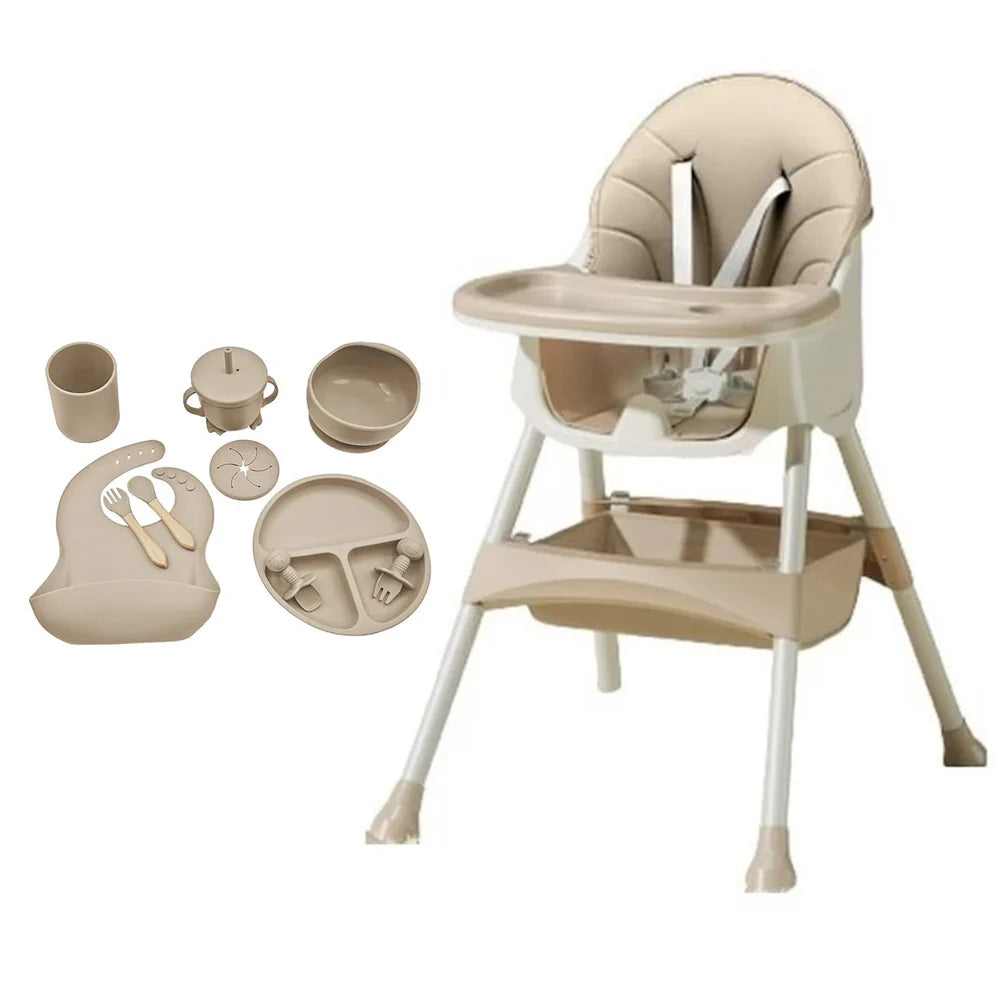 Scaun de Masa Multifuncțional 4 în 1 KIDOO pentru Copii, Reglabil pe Înălțime și Înclinare, Design Modern și Portabil, Culoare Crem + Cadou Set 8 Piese Silicon pentru Hrănire Bebeluși