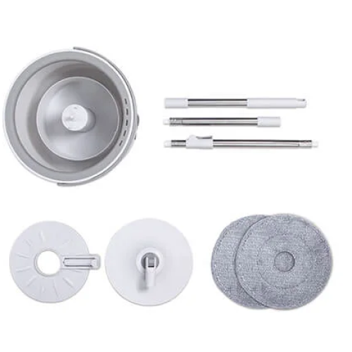 Set Mop Rotativ AT PERFORMANCE® – Cu Auto-Spălare, 2 Rezerve, Compartimente Apă Curată/Murdară, Robinet Scurgere, Alb, Compact și Eficient