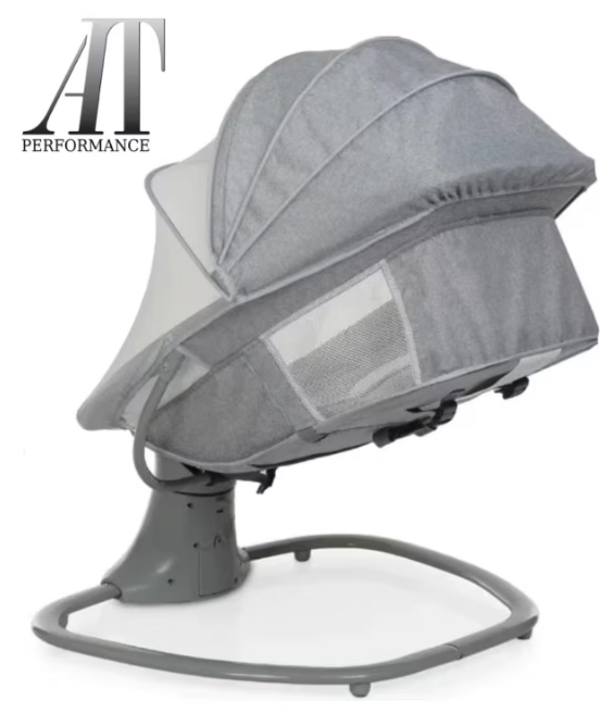 Balansoar copii AT PERFORMANCE 3 in 1, Electric, cu Plasa Tantari, Perna Detasabila, Jucarii, USB, Bluetooth, Telecomanda, 0-3 ani, Gri