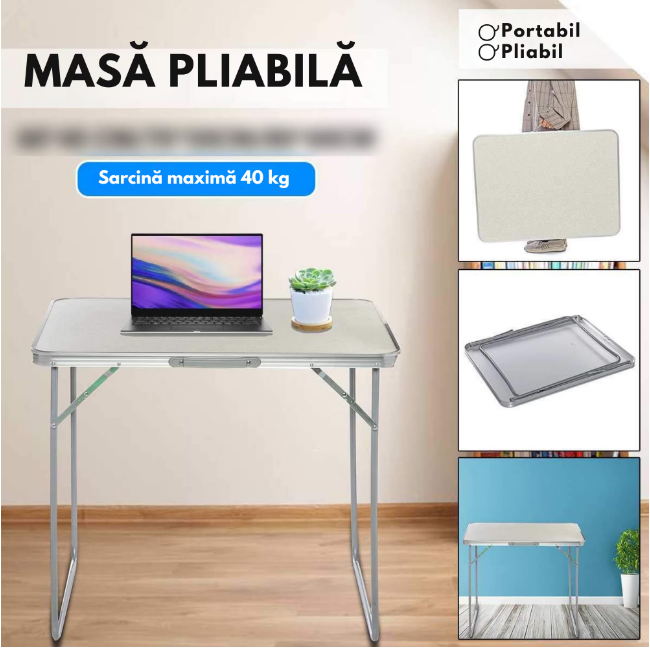 Masa pliabila camping, aluminiu, usor de transportat, crem, 80x60x70cm