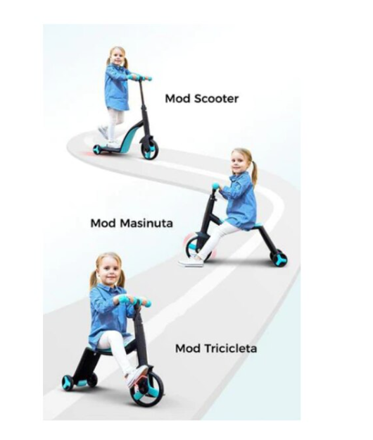 Tricicleta, 3 In 1, Pentru Copii, AT Performance, Cadru Otel, Ghidon Reglabil, Pedale Detasabile, Compartiment Depozitare, Sarcina maxima 25Kg, Negru/Albastru