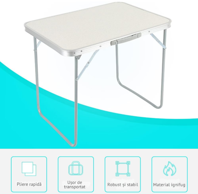 Masa pliabila camping, aluminiu, usor de transportat, crem, 80x60x70cm