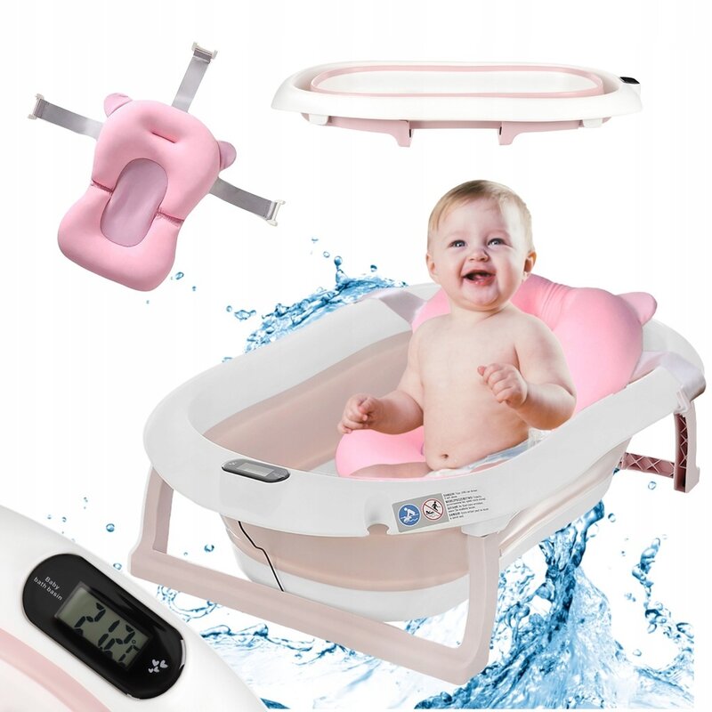Cadita pliabila cu termometru incorporat si PERNA INCLUSA, Dimensiuni 83 x 50 x 20 cm, Material PP/TPE, Pliere rapida, Usor de utilizat, Picioare antiderapante, Varsta 0-3 ani, Structura Solida, Culoare Roz