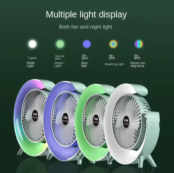 Ventilator Portabil AT PERFORMANCE® cu LED RGB, Reglaj 180°, 3 Viteze, USB, Verde