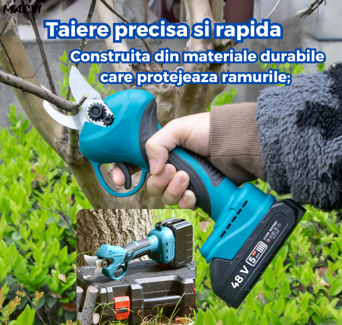 Foarfeca Electrica Pomi pentru Gradinarit 48V, 2 Baterii, 2 Lame din Otel Carbon, ideala pentru Vita de Vie si Crengi, Albastru