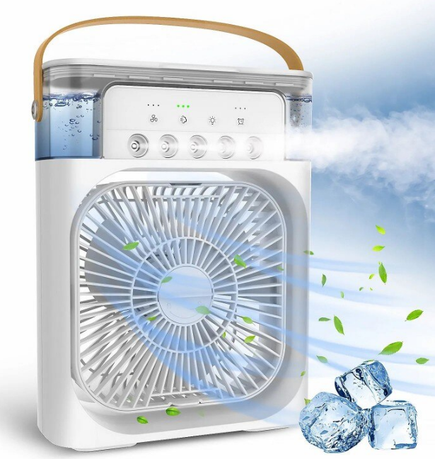 Mini Răcitor de Aer Portabil AT PERFORMANCE® – Ventilator Personal 4 în 1 cu Umidificator, LED 7 Culori, Timer și 3 Viteze, Alimentare USB