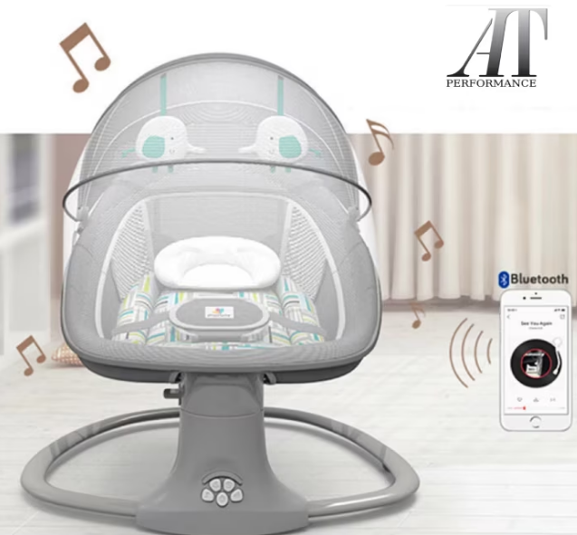 Balansoar copii AT PERFORMANCE 3 in 1, Electric, cu Plasa Tantari, Perna Detasabila, Jucarii, USB, Bluetooth, Telecomanda, 0-3 ani, Gri