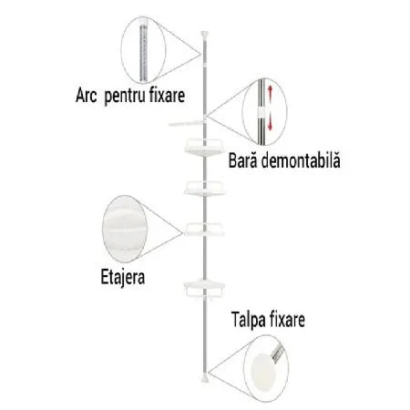 Etajeră Colț pentru Baie/Duș cu 4 Rafturi, Suport Prosop și Cărlige, Înălțime Reglabilă Max. 3.2 Metri, Alb