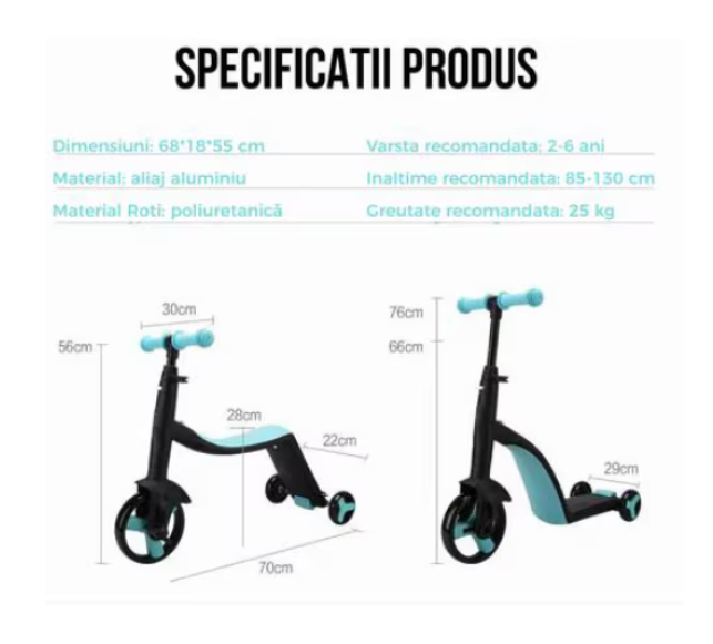 Tricicleta, 3 In 1, Pentru Copii, AT Performance, Cadru Otel, Ghidon Reglabil, Pedale Detasabile, Compartiment Depozitare, Sarcina maxima 25Kg, Negru/Albastru