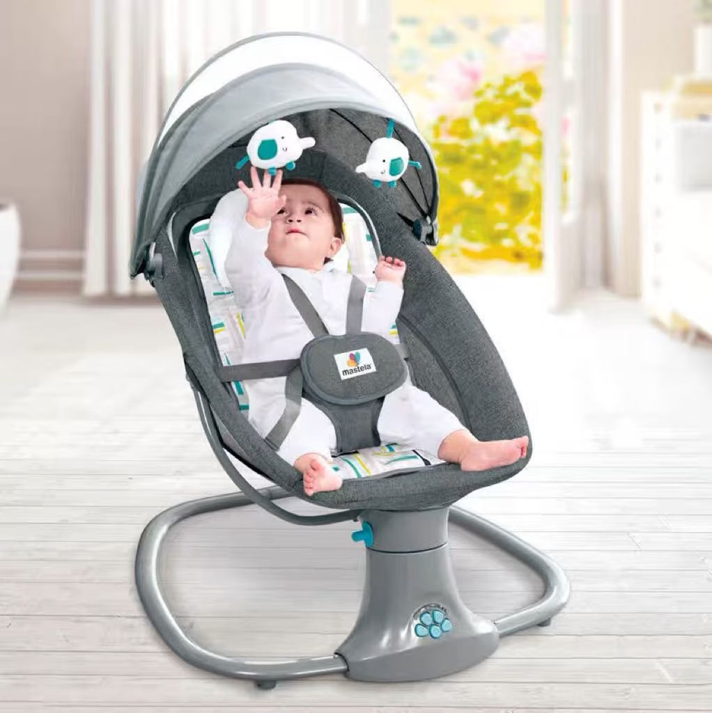 Balansoar copii AT PERFORMANCE 3 in 1, Electric, cu Plasa Tantari, Perna Detasabila, Jucarii, USB, Bluetooth, Telecomanda, 0-3 ani, Gri