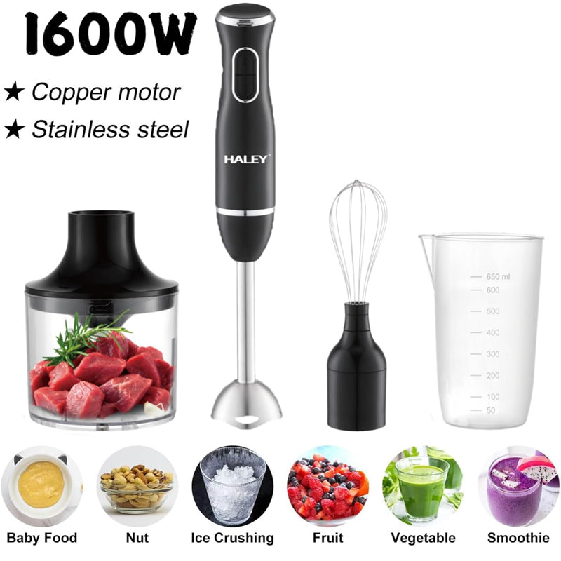 Blender de mana HALEY 4in1, 1600W, Mixer vertical cu tocator, pahar gradat, tel si bol pentru carne