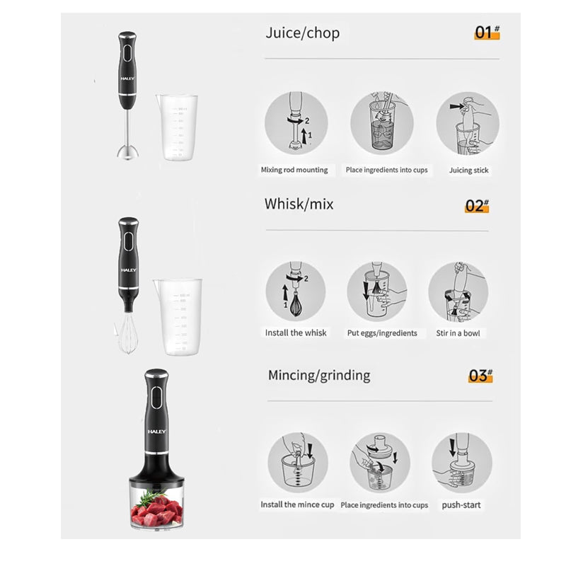 Blender de mana HALEY 4in1, 1600W, Mixer vertical cu tocator, pahar gradat, tel si bol pentru carne