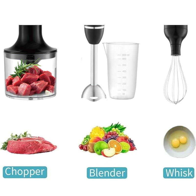 Blender de mana HALEY 4in1, 1600W, Mixer vertical cu tocator, pahar gradat, tel si bol pentru carne