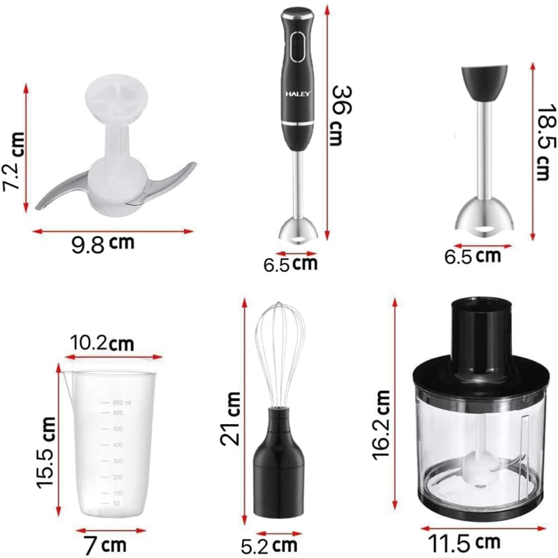 Blender de mana HALEY 4in1, 1600W, Mixer vertical cu tocator, pahar gradat, tel si bol pentru carne