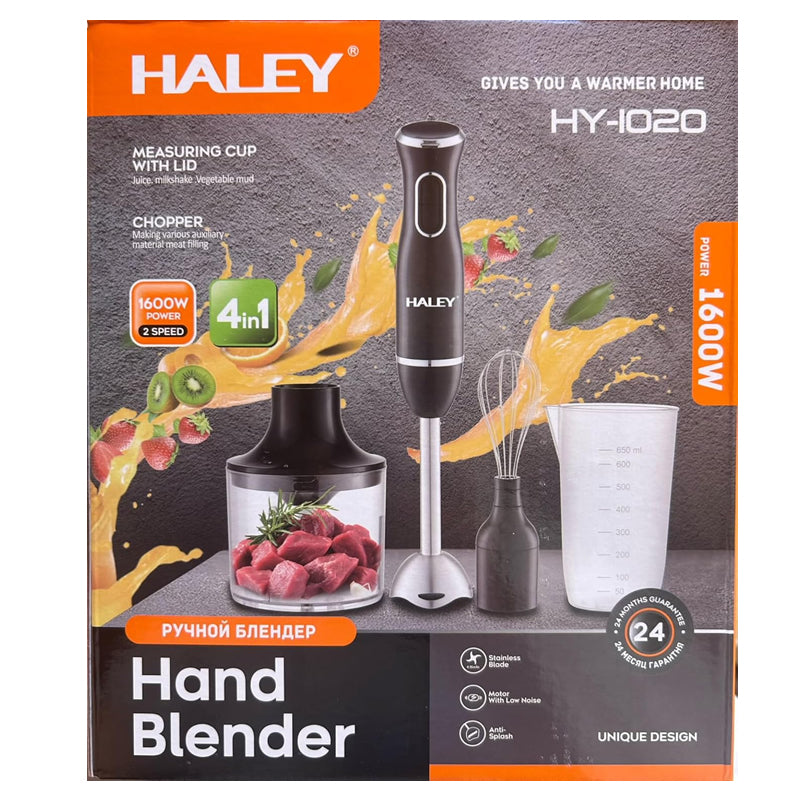 Blender de mana HALEY 4in1, 1600W, Mixer vertical cu tocator, pahar gradat, tel si bol pentru carne