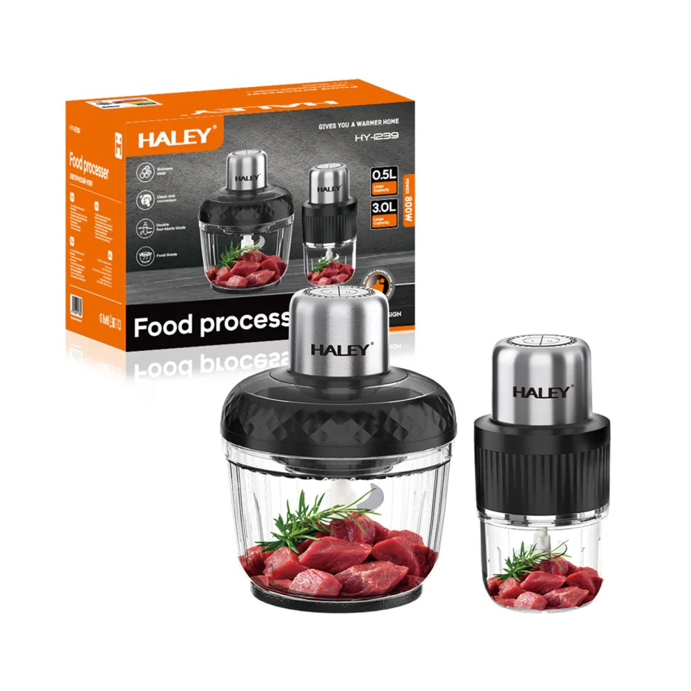 Tocător Electric HALEY 800W, 2 Viteze, 2 Recipiente ABS – 3L cu 4 Lame și 0.5L cu 6 Lame Inox, Tocare Rapidă și Eficientă