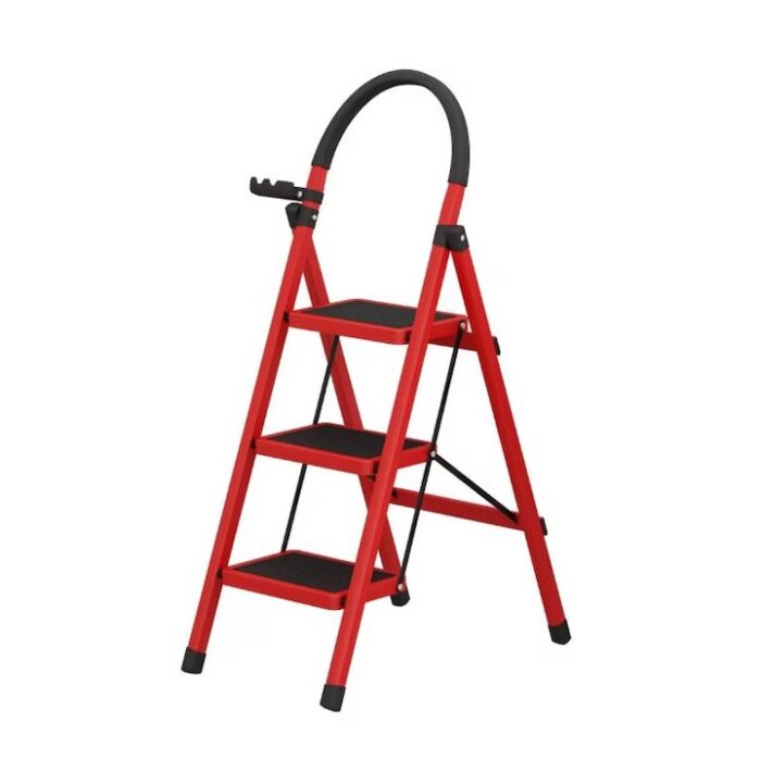 Scară Pliabilă cu 3 Trepte Largi, Suportă până la 150 kg, Design Robust și Antiderapant, Roșu-Negru