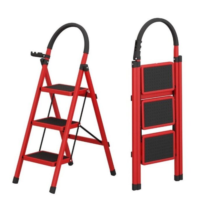 Scară Pliabilă cu 3 Trepte Largi, Suportă până la 150 kg, Design Robust și Antiderapant, Roșu-Negru