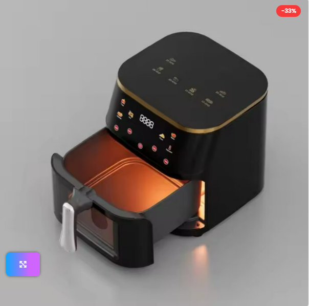 Friteuza cu Aer Cald – 10L, 2400W, Display Digital, Geam Transparent, Control Touch, 6 Funcții de Gătire, Negru