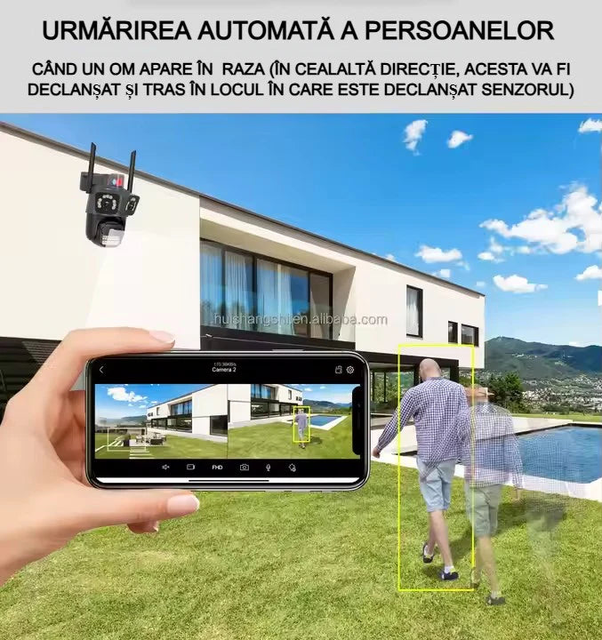 Cameră Supraveghere WiFi cu 3 Camere AT PERFORMANCE® – 15MP 8K, PTZ, Audio, Alarmă, Exterior, IP66