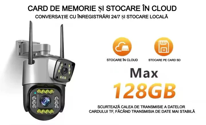 Cameră Supraveghere Inteligentă cu 2 Camere AT PERFORMANCE® – 4MP, WiFi, Audio, Vedere Nocturnă, Rotire 360° Orizontală + Cadou Card SD 32GB