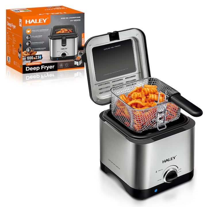 Friteuza Electrică Haley HY-2505 – 1000W de Eficiență, Capacitate 2.5L & Control Avansat al Temperaturii, Design Argintiu Modern