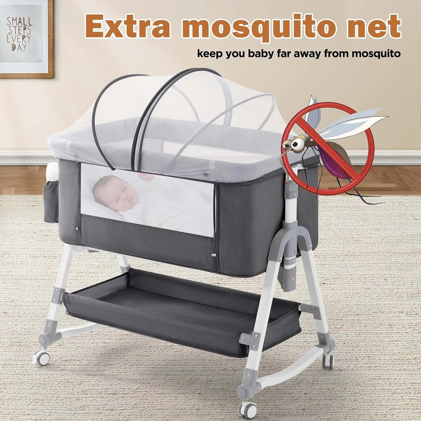 Pat portabil pentru bebeluși AT PERFORMANCE® 3 în 1 cu saltea confortabilă, înălțime reglabilă, roți și pliere ușoară – ideal pentru nou-născuți, gri