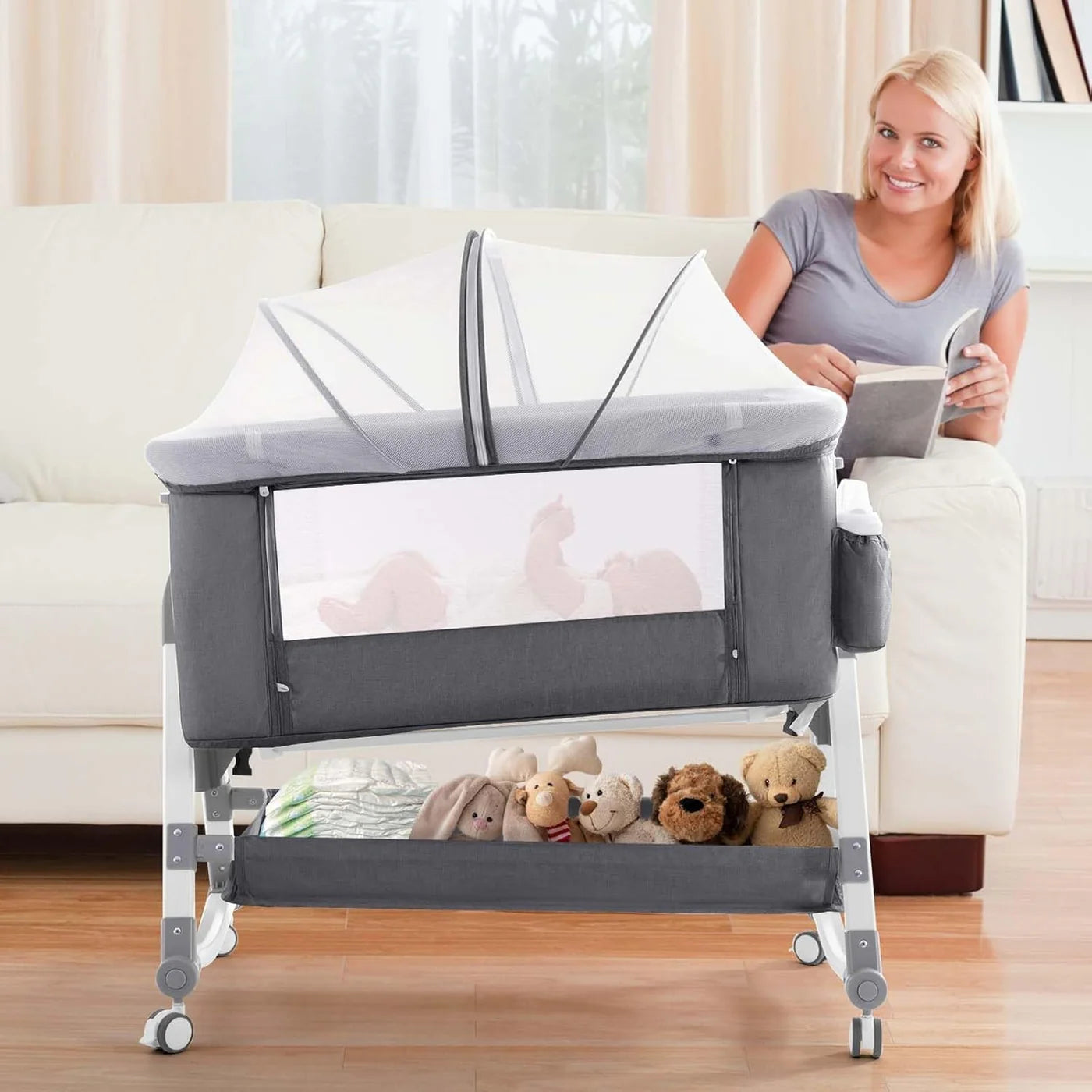 Pat portabil pentru bebeluși AT PERFORMANCE® 3 în 1 cu saltea confortabilă, înălțime reglabilă, roți și pliere ușoară – ideal pentru nou-născuți, gri