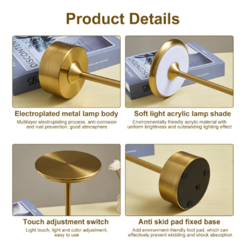 Lampa Led din metal, pentru Restaurante, Mese, Hoteluri, Birouri, reincarcabila prin USB, cu touch, Gold / Negru