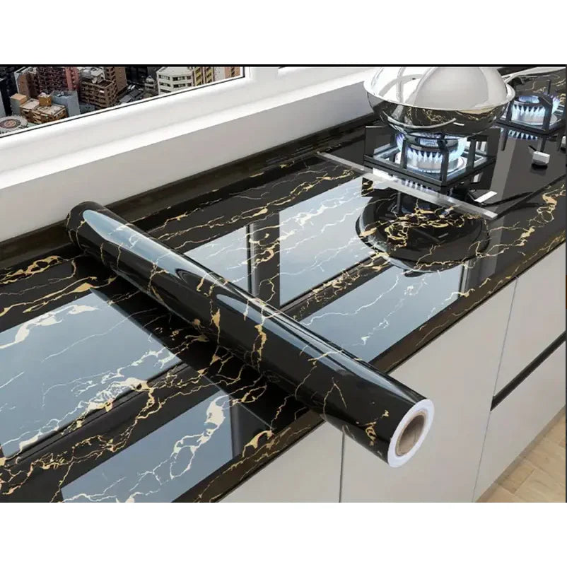 Rola tapet modern, imitatie de marmura At Performance rezistent, la apa, vinil, compact, autoadeziv, 60cmx 300 cm, negru