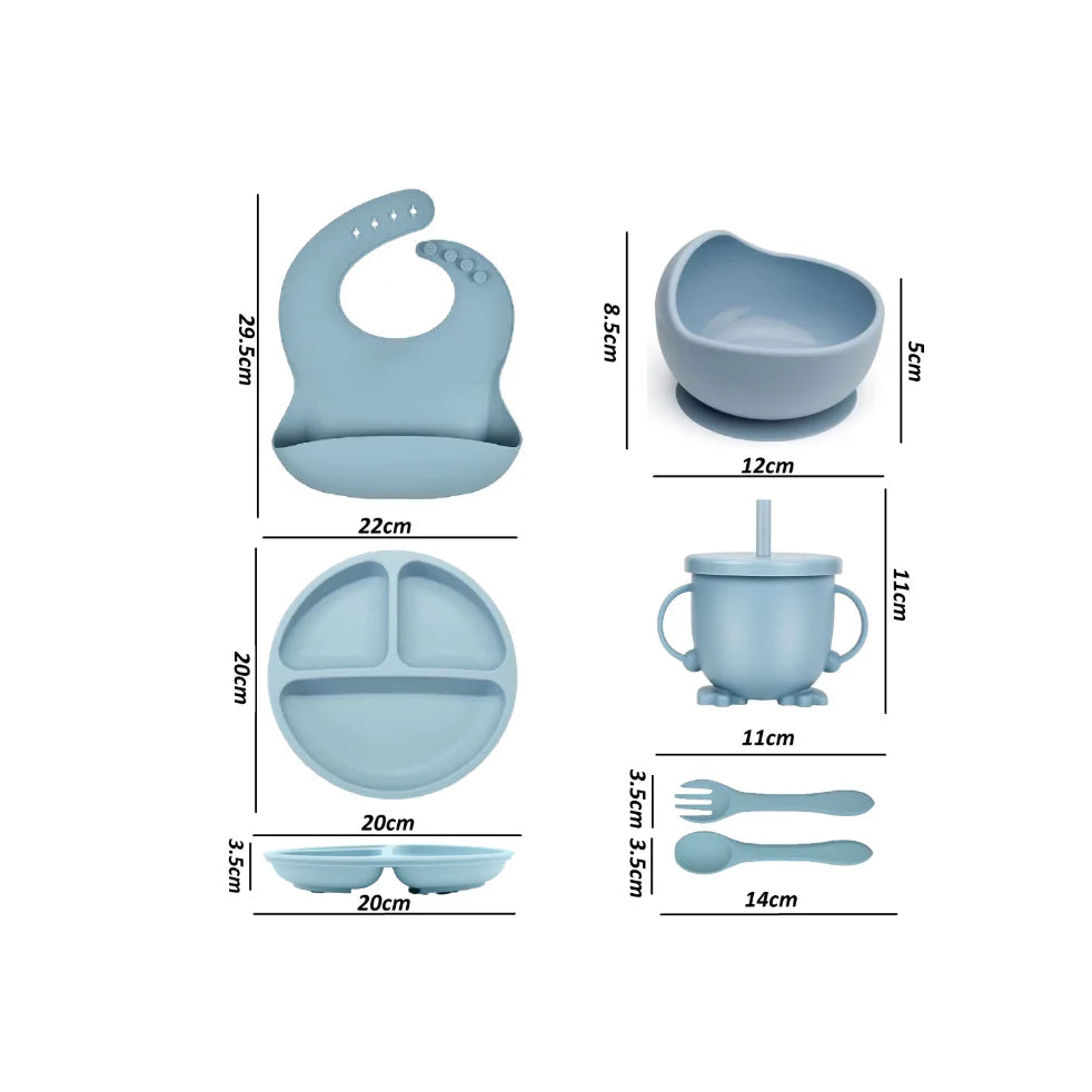 Set 6 piese din silicon fara BPA, AT PERFORMANCE®, de diversificare a hranei pentru bebelusi, 6+ luni, cu Bol, Farfurie, Cana cu pai Lingurita, Furculita, Bavetica Albastru