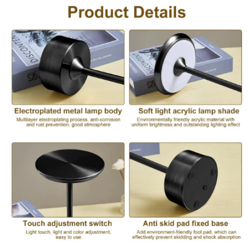 Lampa Led din metal, pentru Restaurante, Mese, Hoteluri, Birouri, reincarcabila prin USB, cu touch, Gold / Negru