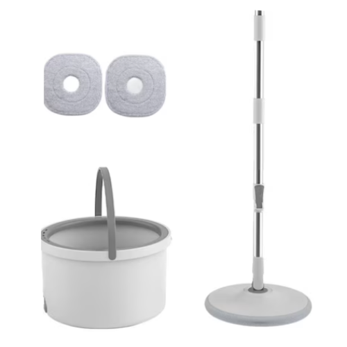 Set Mop Rotativ AT PERFORMANCE® – Cu Auto-Spălare, 2 Rezerve, Compartimente Apă Curată/Murdară, Robinet Scurgere, Alb, Compact și Eficient