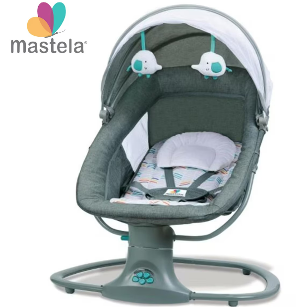 Balansoar copii AT PERFORMANCE 3 in 1, Electric, cu Plasa Tantari, Perna Detasabila, Jucarii, USB, Bluetooth, Telecomanda, 0-3 ani, Gri