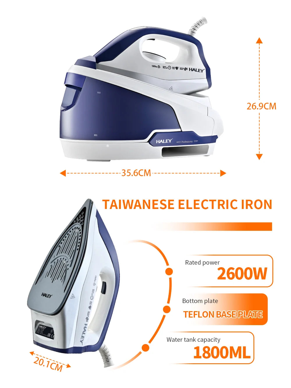 Stație de Călcat cu Abur HALEY HY-2080, 2600W – 1800ml, Talpă Ceramică, Self-Cleaning, Anti-Drip, Anti-Calc, LED