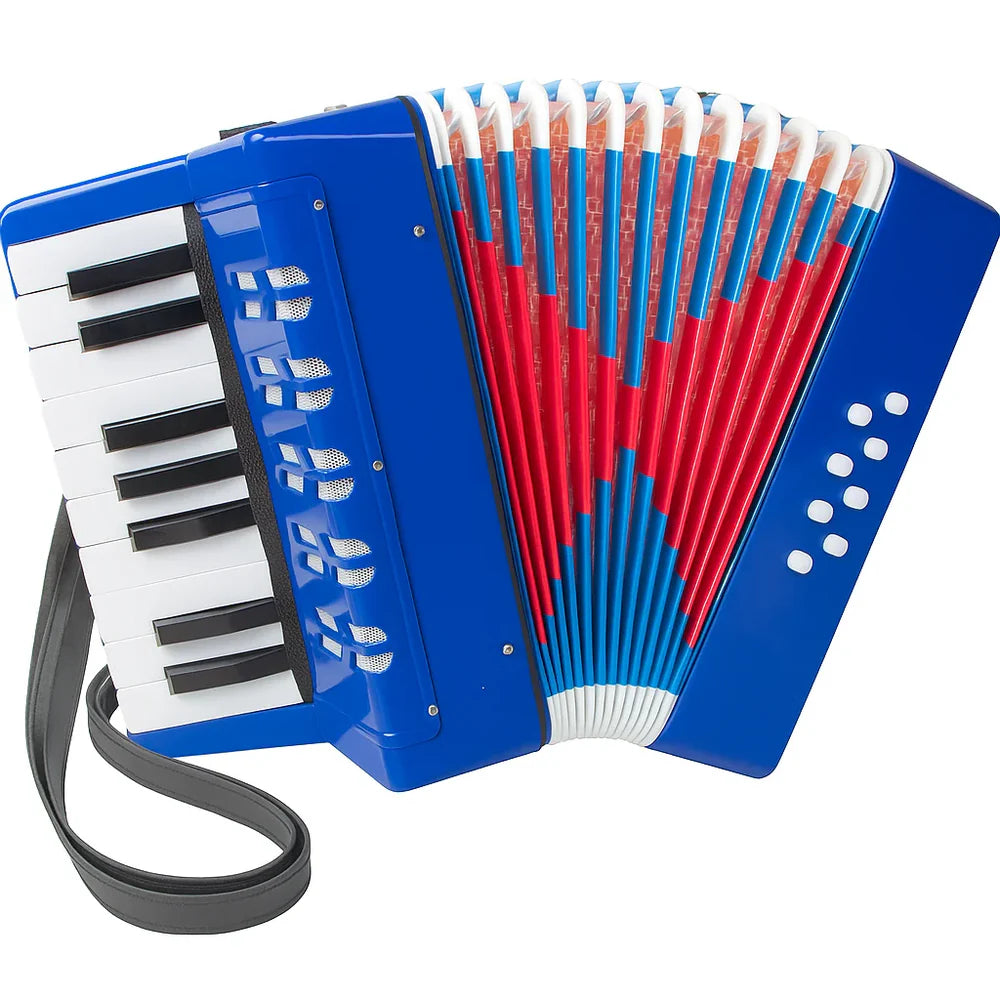 Mini Acordeon AT PERFORMANCE®, cu 17 clape si 8 butoane de bass, de jucarie, Albastru sidef.