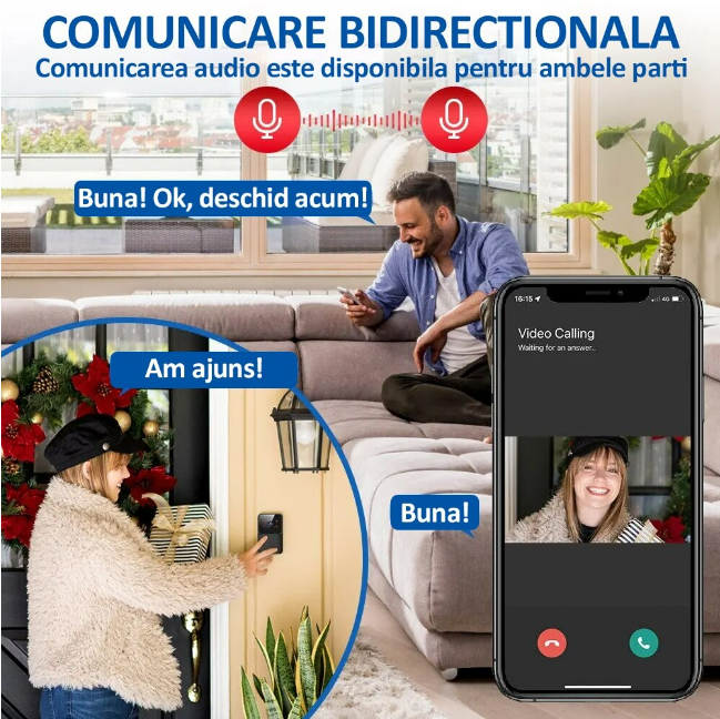 Sonerie Video Interfon Wireless, Cameră HD 1080P, Control prin App, Vedere Nocturnă, Audio Bidirecțional, Cloud, RFID