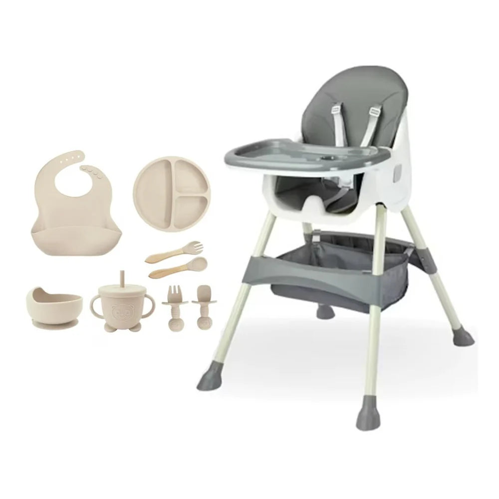 Scaun de Masa Multifuncțional 4 în 1 KIDOO pentru Copii, Reglabil pe Înălțime și Înclinare, Design Modern și Portabil, Culoare Crem + Cadou Set 8 Piese Silicon pentru Hrănire Bebeluși